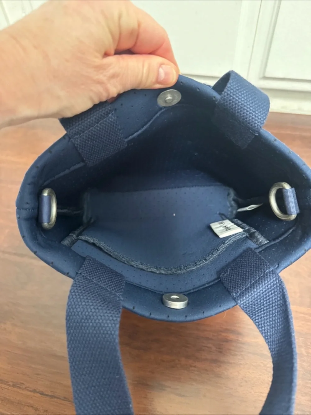 Women's Navy Perforated Neoprene Tote with Adjustable Strap